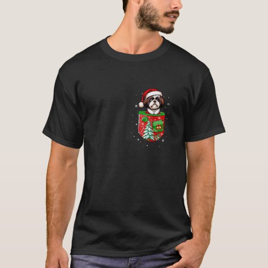 Santa Shih Tzu in Pocket Owner Christmas Tree Bell T-Shirt (Vorderseite)