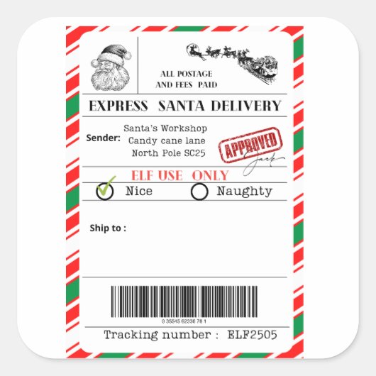 Santa shipping label quadratischer aufkleber (Vorderseite)