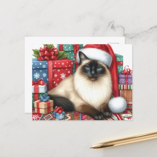 Santa Siamese Cat Christmas Holiday  Postkarte (Vorderseite/Rückseite Beispiel)