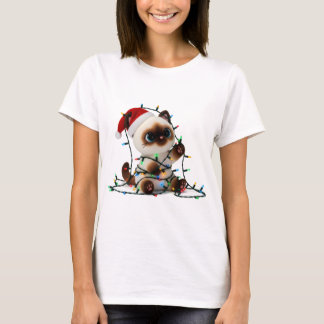 Santa Siamese Cat Tangled in Christmas Lights T-Shirt