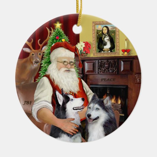 Santa - Sibirische Huskies (ZWEI) Keramikornament (Vorne)