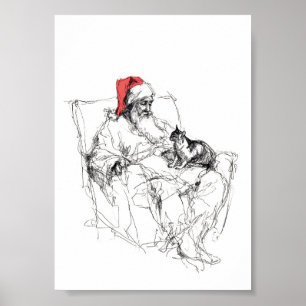 Santa Sitzen mit Katze auf dem Sprung Poster