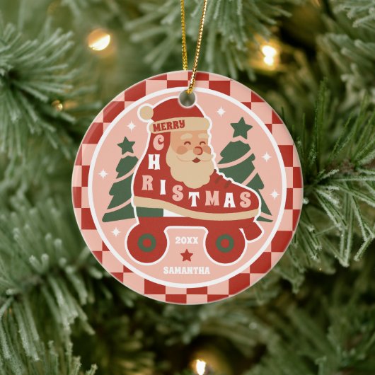 Santa Skate | Retro Roller Skaten Weihnachten Keramik Ornament (Baum)