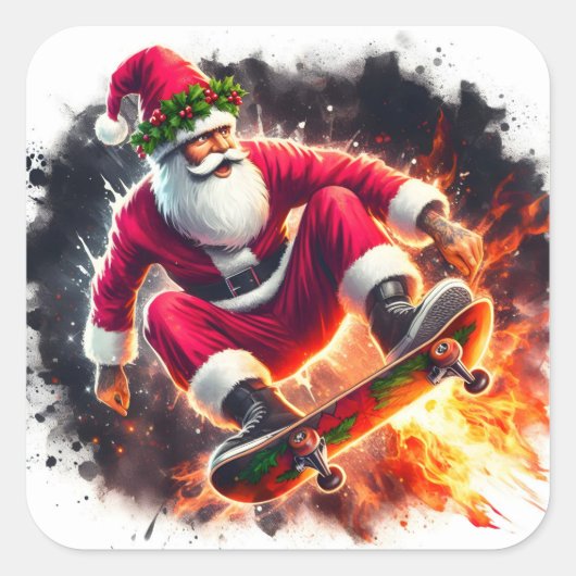 Santa Skateboarding Tricks im Freien Quadratischer Aufkleber (Vorderseite)