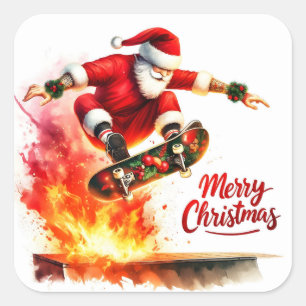 Santa Skateboards mit Weihnachtsgeist Quadratischer Aufkleber