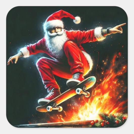 Santa Skateboards über Nacht Feuer Quadratischer Aufkleber (Vorderseite)