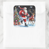 Santa Skaten mit einem Rentier von Baum Quadratischer Aufkleber (Tasche)