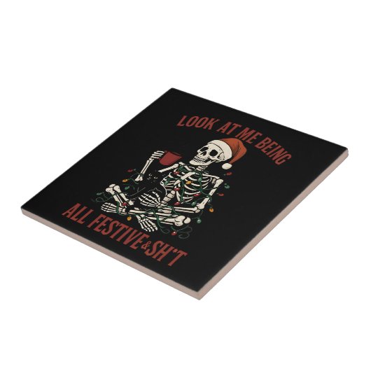 Santa Skeleton with Cat Holiday Snark Fliese (Seite)