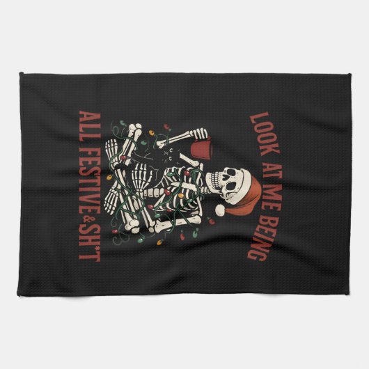 Santa Skeleton with Cat Holiday Snark Geschirrtuch (Horizontal)