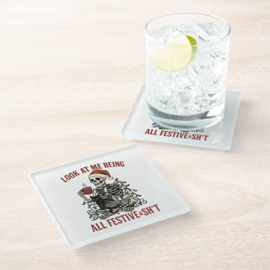 Santa Skeleton with Cat Holiday Snark Glasuntersetzer (Schrägansicht)