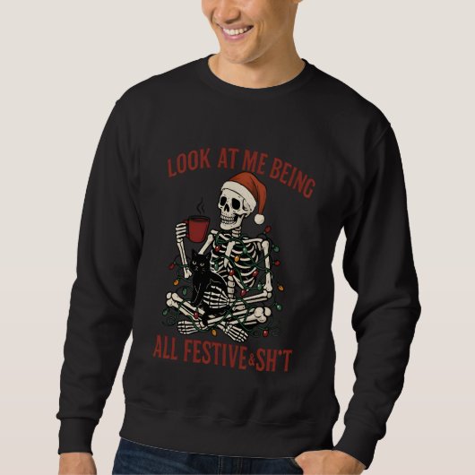 Santa Skeleton with Cat Holiday Snark Sweatshirt (Vorderseite)