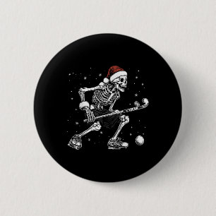 Santa-Skelett spielt Feldhockey Lustiges Weihnacht Button