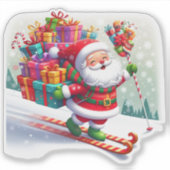 Santa Ski mit Geschenken auf der Snowy Slope Aufkleber (Vorderseite)