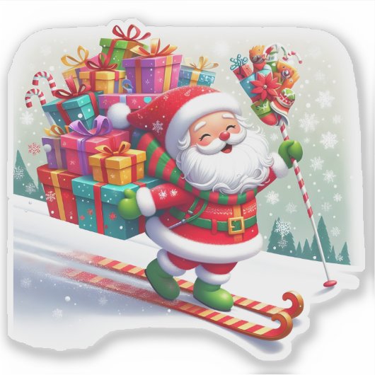 Santa Ski mit Geschenken auf der Snowy Slope Aufkleber (Vorderseite)