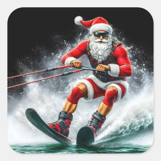 Santa Ski über Wellen während der Feriensaison Quadratischer Aufkleber (Vorderseite)