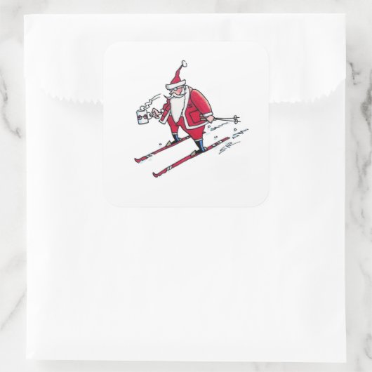 Santa Skiing große quadratische Aufkleber (Tasche)