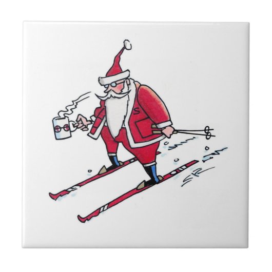 Santa Skiing kleine Keramik Fliesen (Vorderseite)