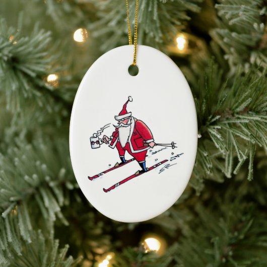 Santa Skiing oval ceramic ornament (Baum)