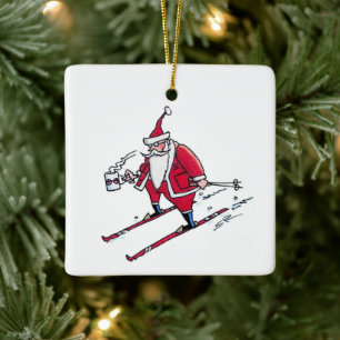 Santa-Skiing-Quadratischer Keramik-Schmuck Keramikornament