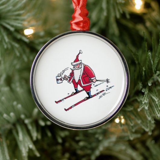 Santa Skiing round premium ornament Aus Metall (Baum)