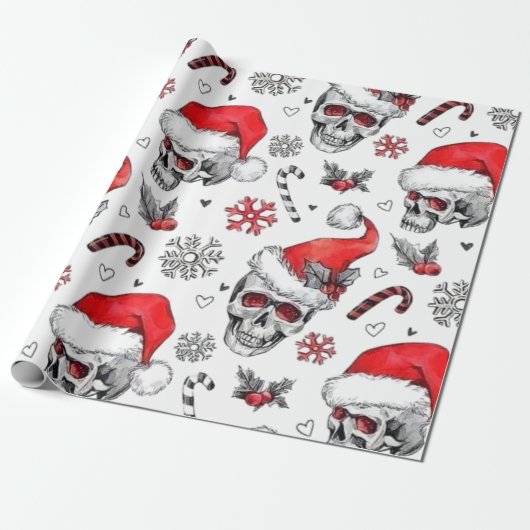 Santa Skulls und Candy Cane Wrapping Paper Geschenkpapier (Ungerollt)