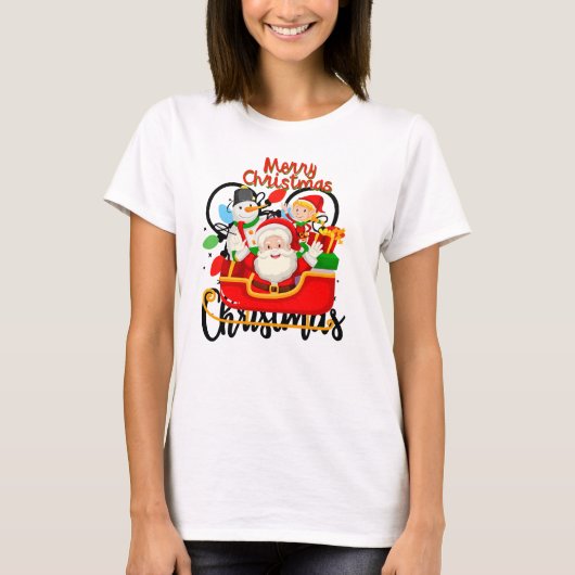 Santa Sleigh Merry Christmas Cartoon T-Shirt (Vorderseite)