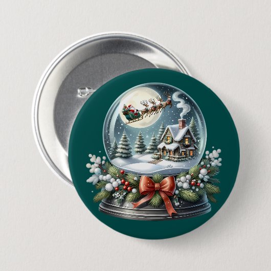 Santa Sleigh Reiten im Snow Globe Wonderland Button (Vorne & Hinten)