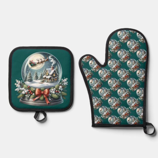 Santa Sleigh Reiten im Snow Globe Wonderland Ofenhandschuh & Topflappen-Set (Vorderseite)