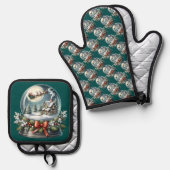 Santa Sleigh Reiten im Snow Globe Wonderland Ofenhandschuh & Topflappen-Set (Vorderseite/Rückseite)