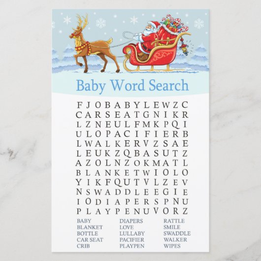 Santa Sleigh Rentier Baby Dusche Word Search Game (Vorderseite)