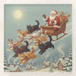 Santa Sleigh with Flying Cats Glass Coaster Glasuntersetzer