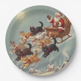 Santa Sleigh with Flying Cats Paper Plates Pappteller