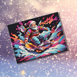 Santa Snowboarden Psychedelische Farben Feiertagspostkarte