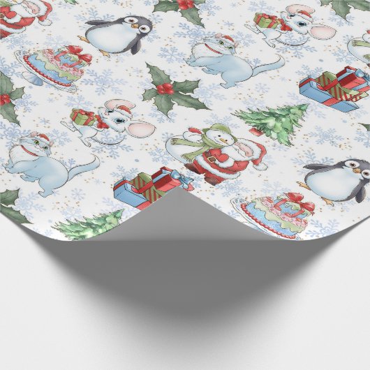 Santa Snowman Cat Penguin Wrapping Paper Geschenkpapier (Ecke)