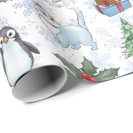 Santa Snowman Cat Penguin Wrapping Paper Geschenkpapier (Rolleneckpunkt)