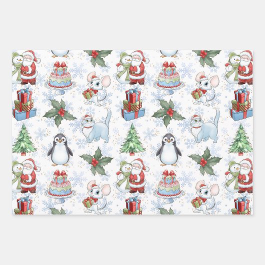 Santa Snowman Cat Penguin Wrapping Paper Geschenkpapier Set (Vorderseite 2)