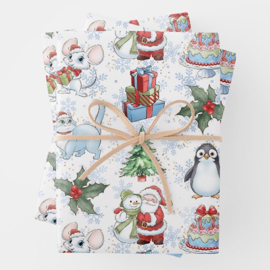 Santa Snowman Cat Penguin Wrapping Paper Geschenkpapier Set (Beispiel)