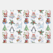 Santa Snowman Cat Penguin Wrapping Paper Geschenkpapier Set (Vorderseite)