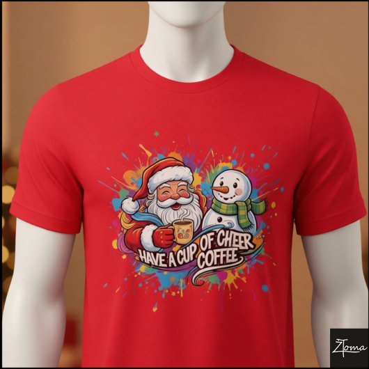 Santa Snowman Coffee Cheer Paint Splatter T-Shirt
