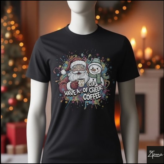 Santa Snowman Coffee Cheer Paint Splatter T-Shirt