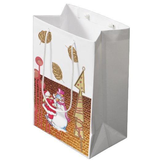 Santa Snowman Frohe Weihnachtsgeschenktaschen Mittlere Geschenktüte (Vorderseite Schrägansicht)
