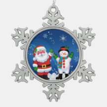 Santa & Snowman Pewter Snowflake Ornament