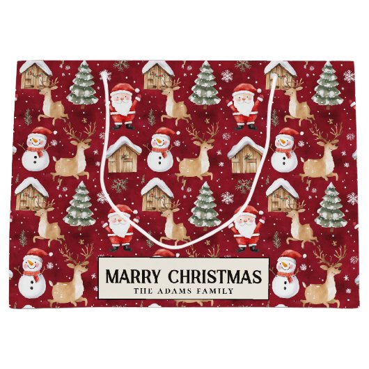 Santa Snowman Pine Tree red Custom Frohe Weihnacht Große Geschenktüte (Vorderseite)