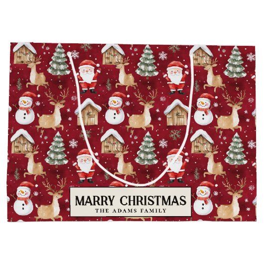 Santa Snowman Pine Tree red Custom Frohe Weihnacht Große Geschenktüte (Rückseite)