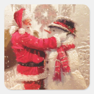 Santa & Snowman Quadratischer Aufkleber