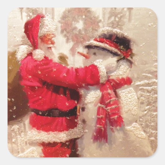 Santa & Snowman Quadratischer Aufkleber (Vorderseite)