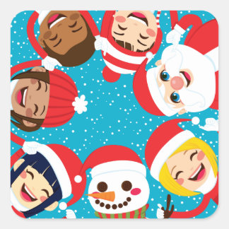 Santa Snowman und Kinder, die Hände halten Quadratischer Aufkleber