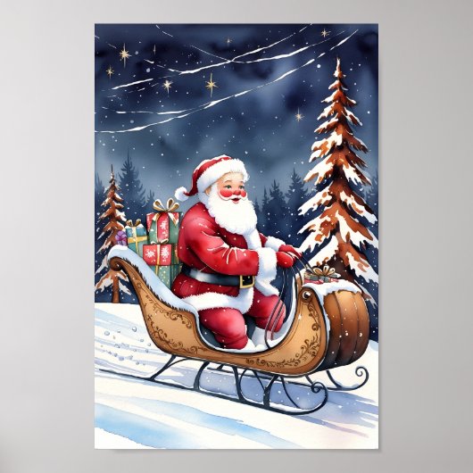 Santa & Snowy Sleigh Klassische Kunst Poster (Vorne)