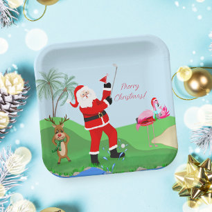 Santa spielt Golf im Wasser mit Martini-Party Pappteller