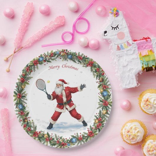 Santa spielt Tennis Frohe Weihnachten Thema Pappteller (Party)